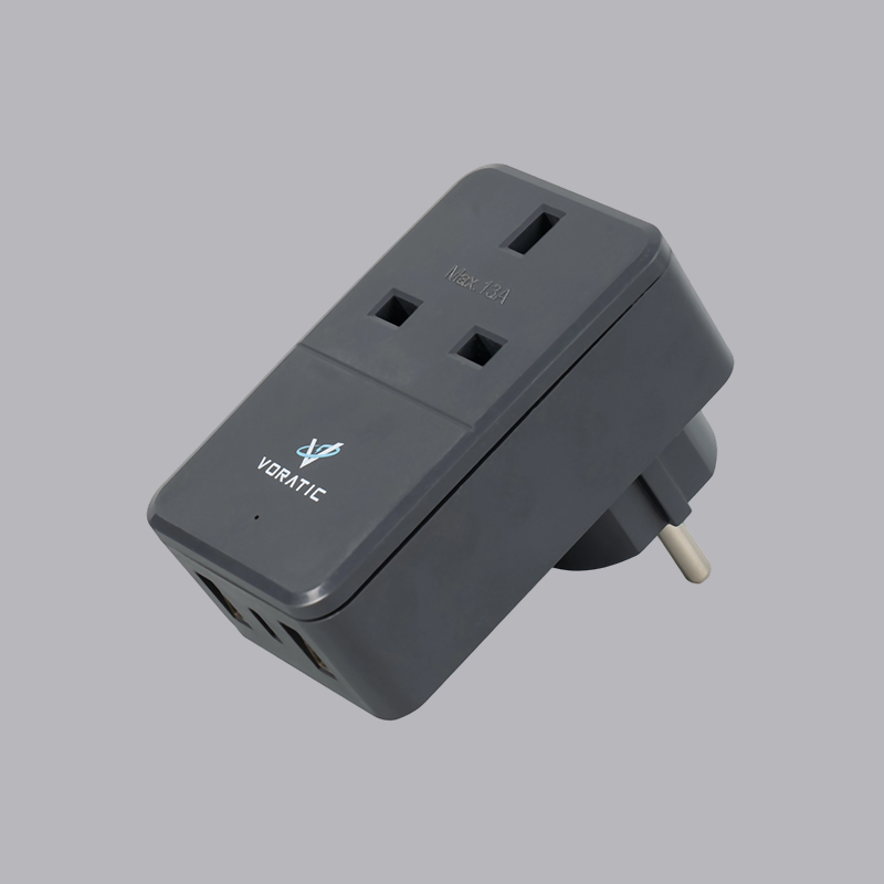 VT-925-DE UK ke Jerman, 1 soket, 2 port USB, 1 penyesuai port typeC