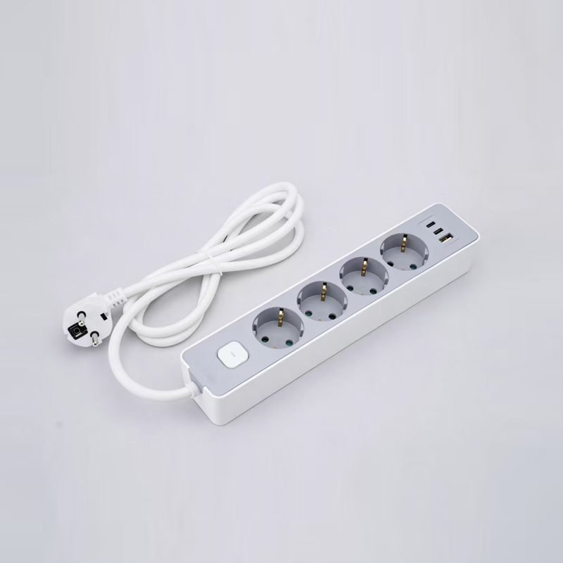 LOB-05K-AC Jalur kuasa 5 alur keluar jenis Jerman dengan suis, pengecas pantas PD, 1 port USB-A dan 2 port Jenis-C Berbilang Soket